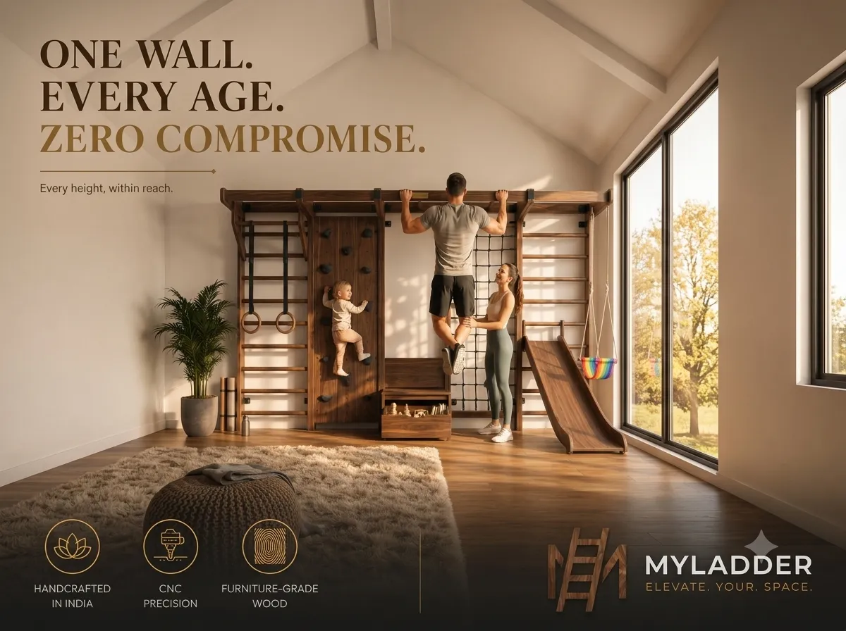 MYLADDER editorial — one wall, every age, zero compromise: a family training and playing on one walnut wall