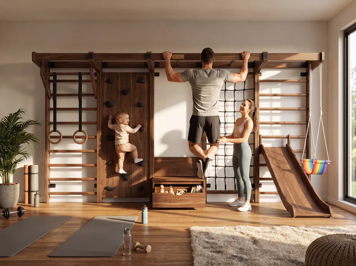 Family training together on a walnut MYLADDER wall at home