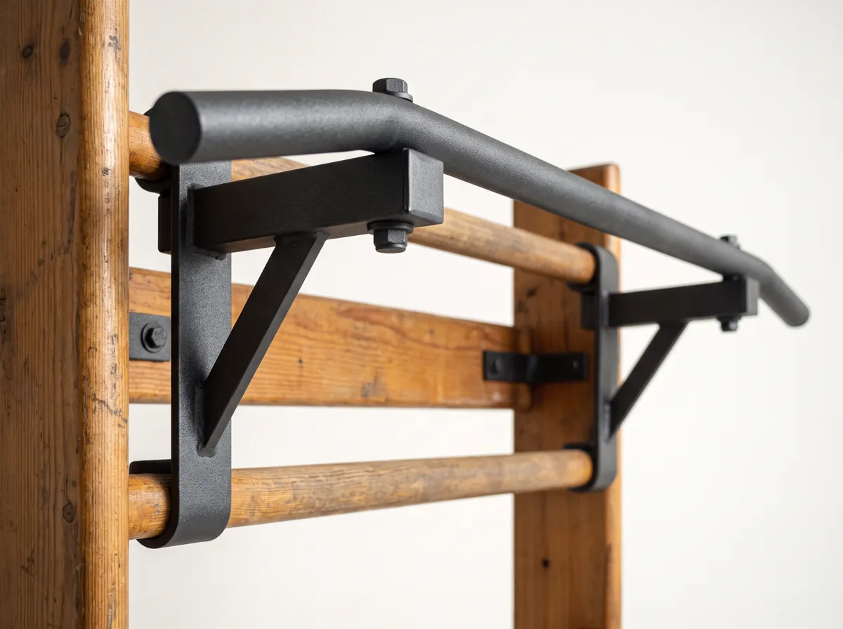 Hand-turned walnut gymnastic rings hanging from a walnut rung