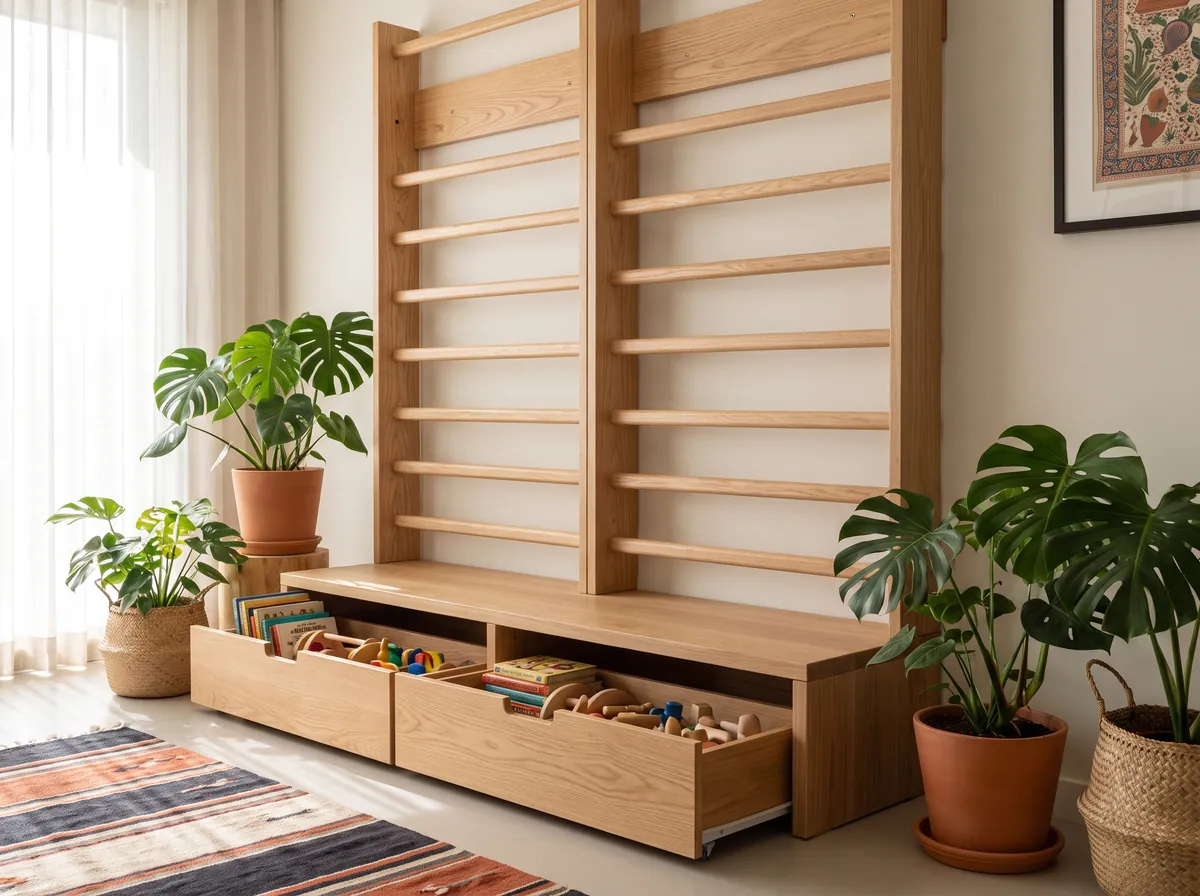 Wide MYLADDER wall with integrated storage bench, plants and a kilim rug in a sunlit room