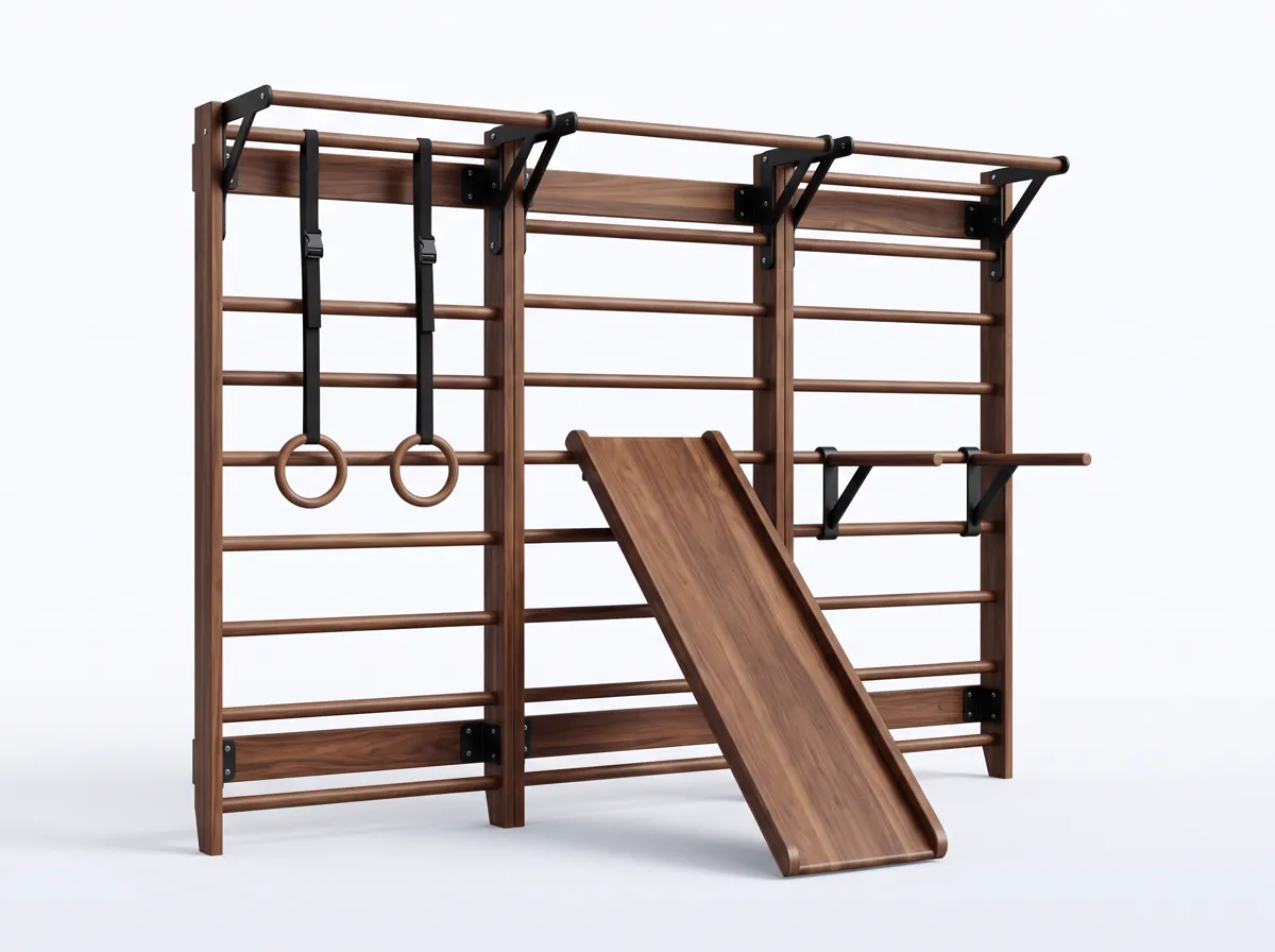 SAMPOORNA walnut wall system with rings, slide and pull-up bar